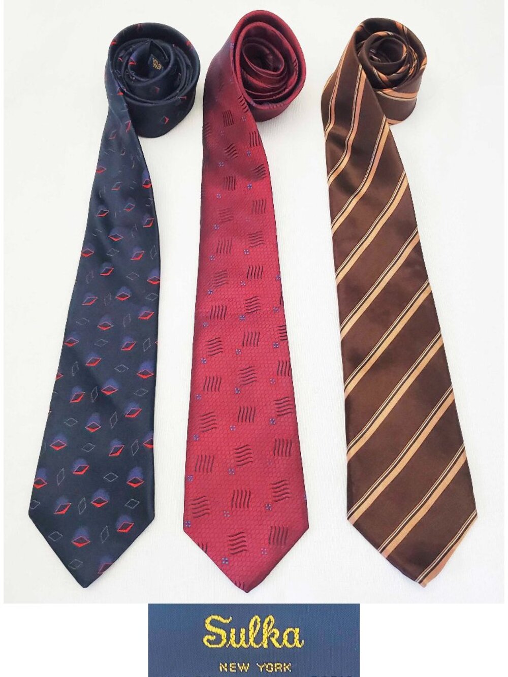 Sulka Men's Set of 3 100% Silk Tie Ties Blue Burgundy Brown